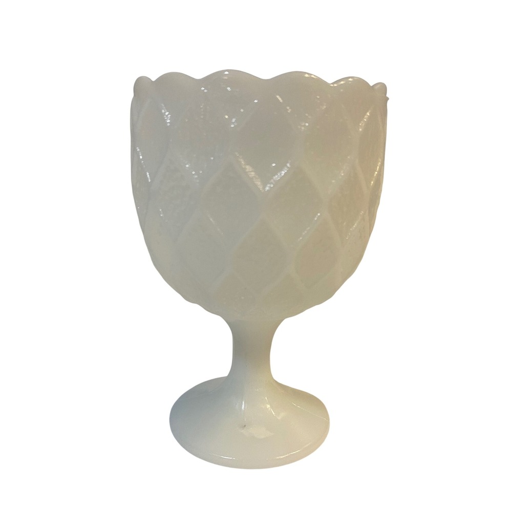 Vintage White Milk Glass Diamond Quilted‎ Scalloped Goblet Mid Century Decor